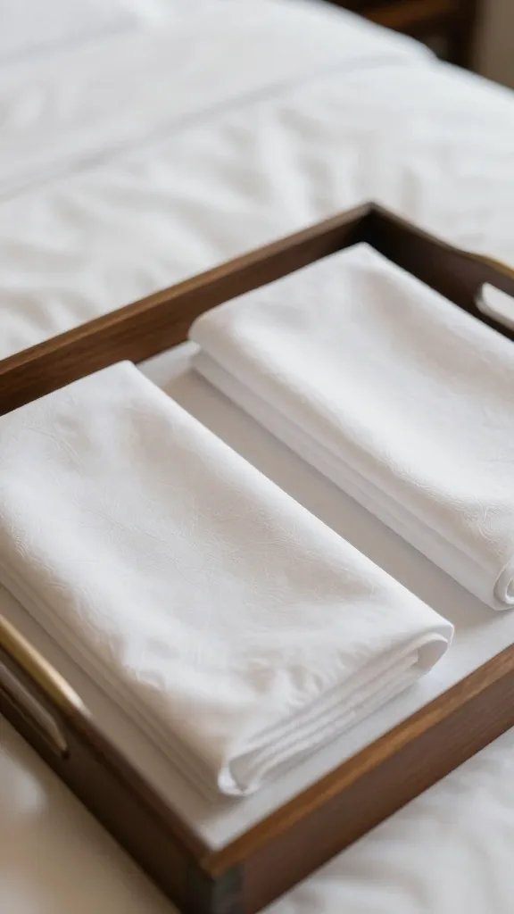 Closeup of a neatly arranged guest overnight setup on a bed tray