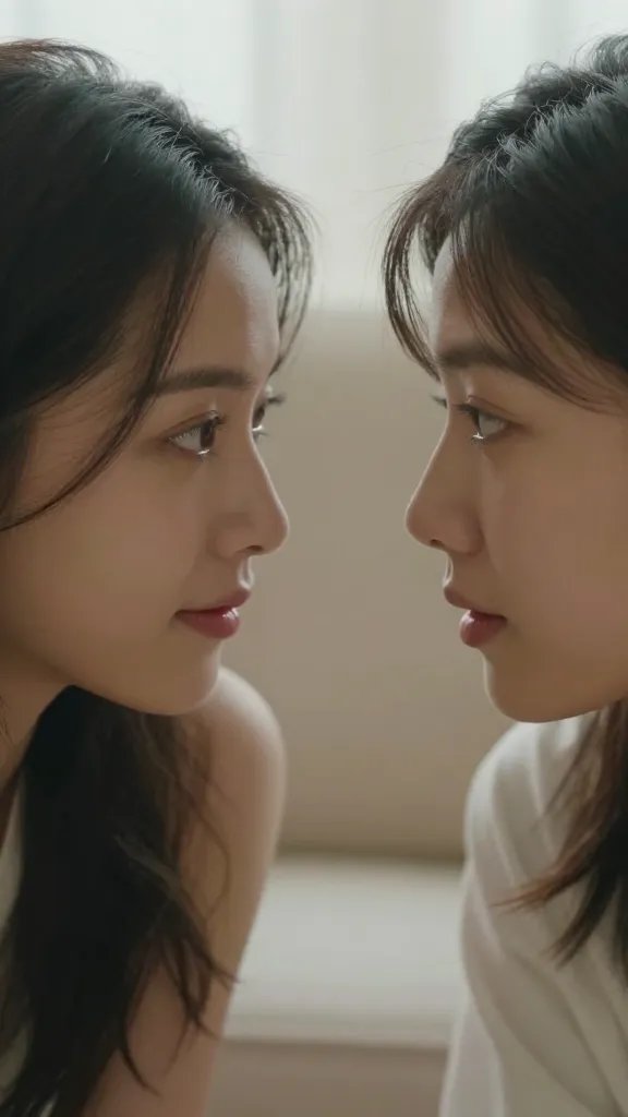 Closeup of a couple’s heads leaning together in conversation, soft living-room lighting