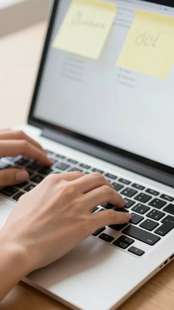 closeup of a woman's hands typing on a laptop with sticky note alarms