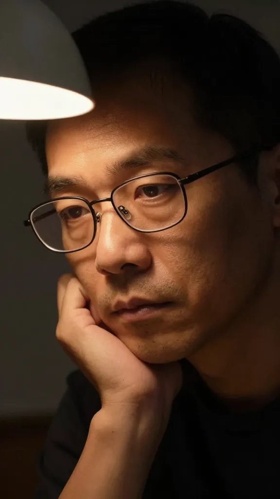 closeup of a man's face pensive in study lamp glow, glasses slipped