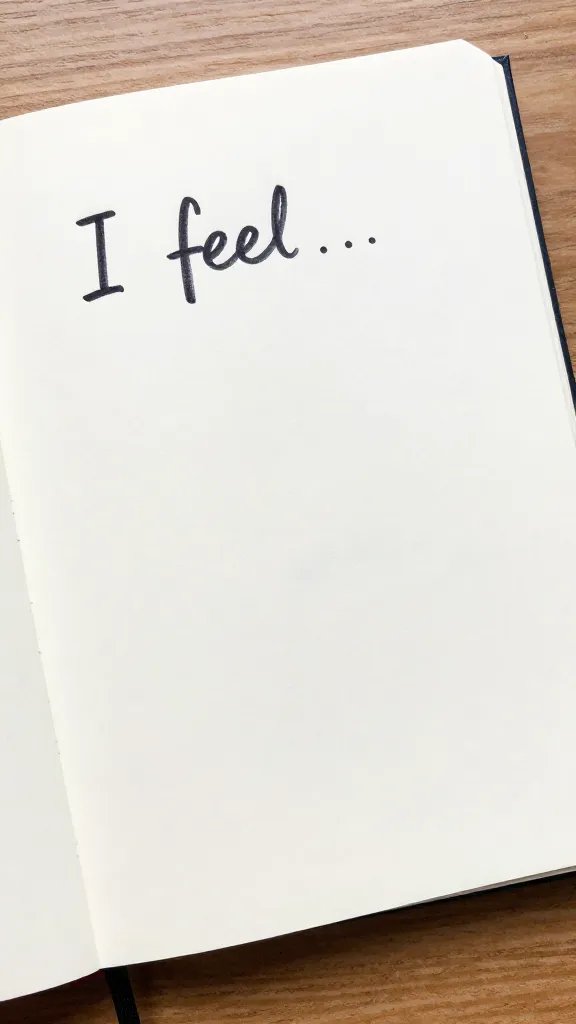 Closeup of a notebook with handwritten “I feel…” note on a wooden desk