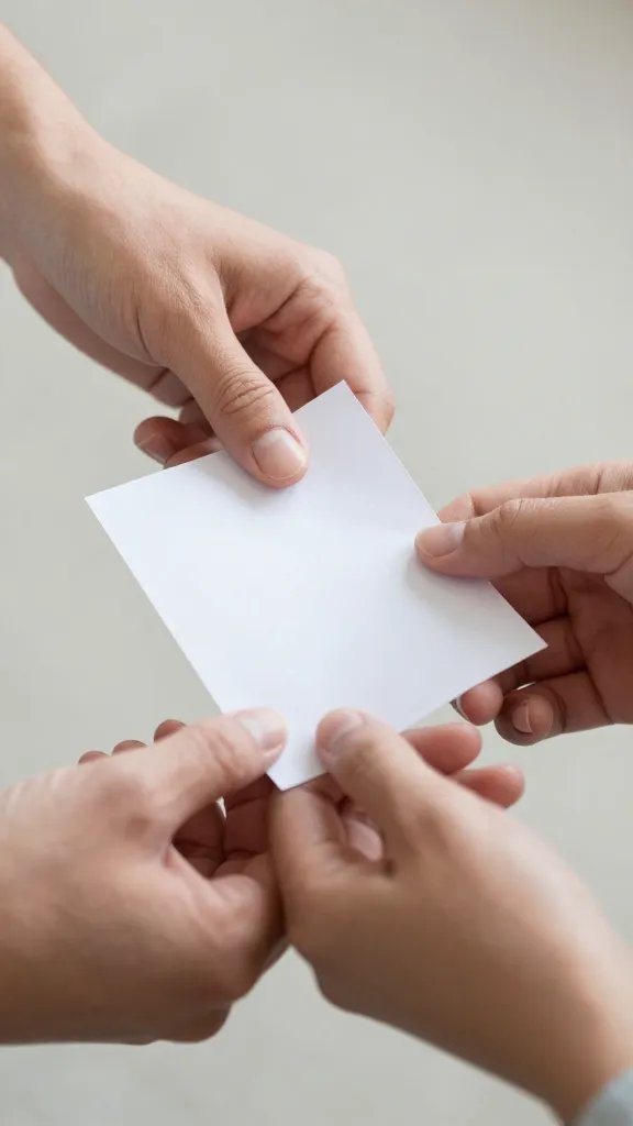 Closeup of a calm couple’s hands exchanging a boundary note on paper