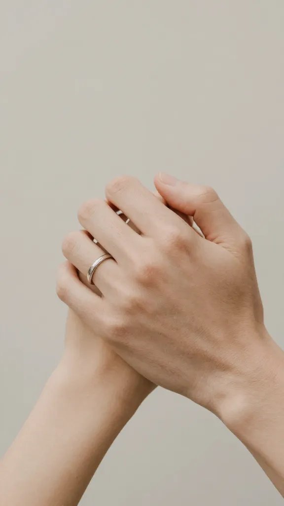 Closeup of two hands clasped, wedding rings visible, soft neutral background