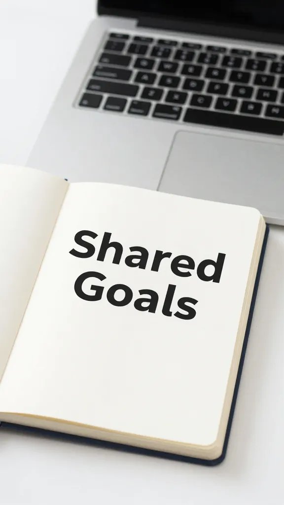Closeup of a laptop and open notebook showing shared goals, on clean desk