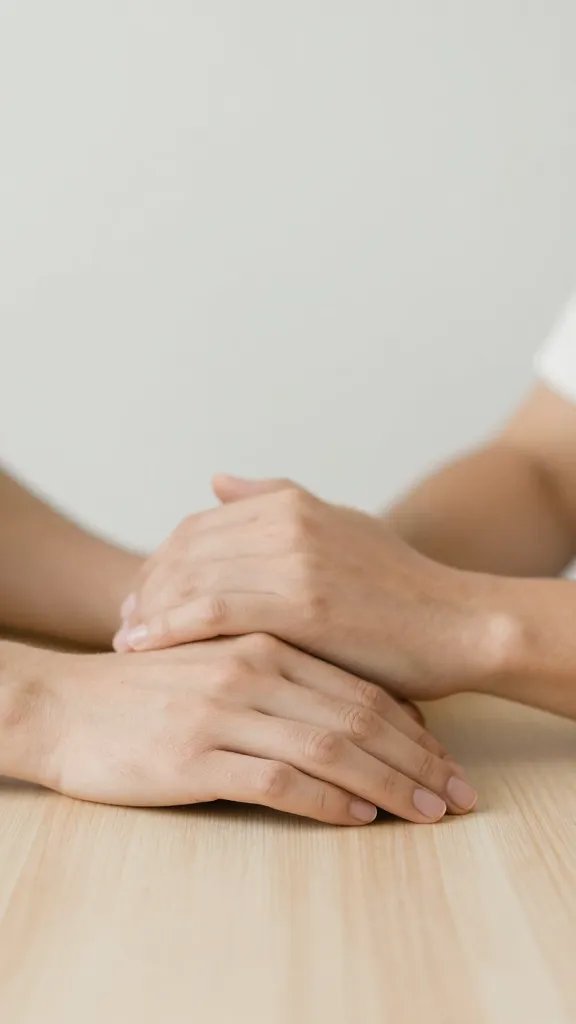Closeup of a calm couple’s hands resting on a table, breathing moment, neutral lighting