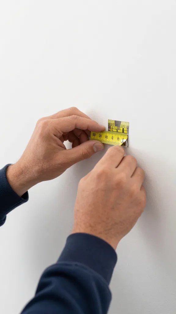 Closeup of a contractor's hand placing a measurement sticker on a wall