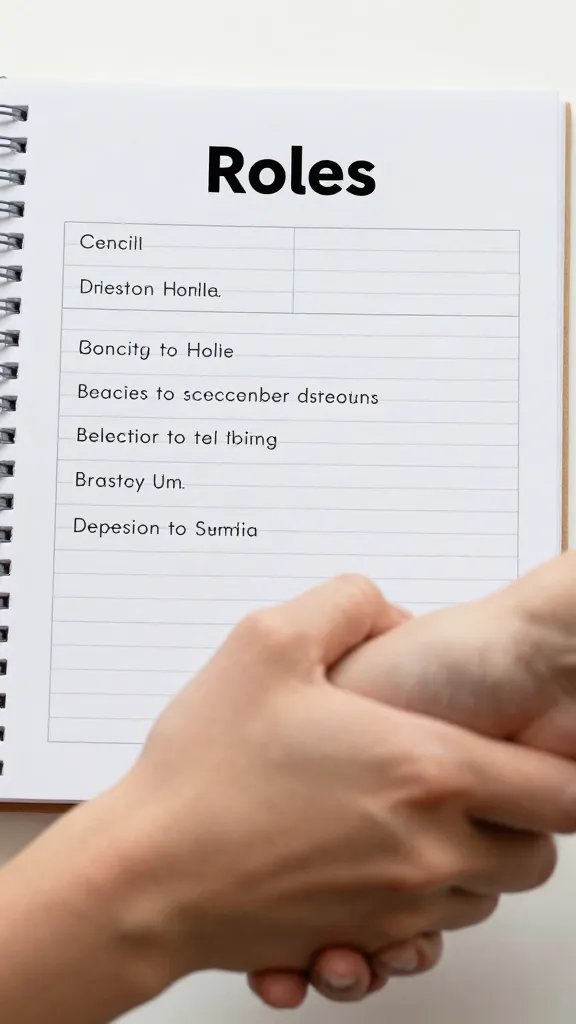 Closeup of two hands shaking over a clearly defined roles chart on notebook
