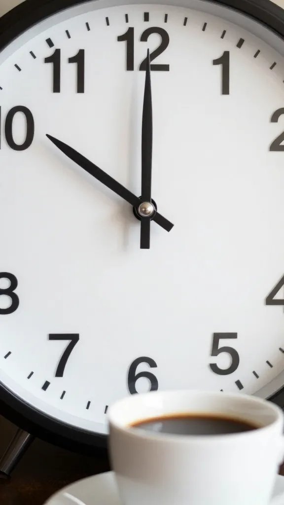Closeup of a waiting clock with a single cup of coffee