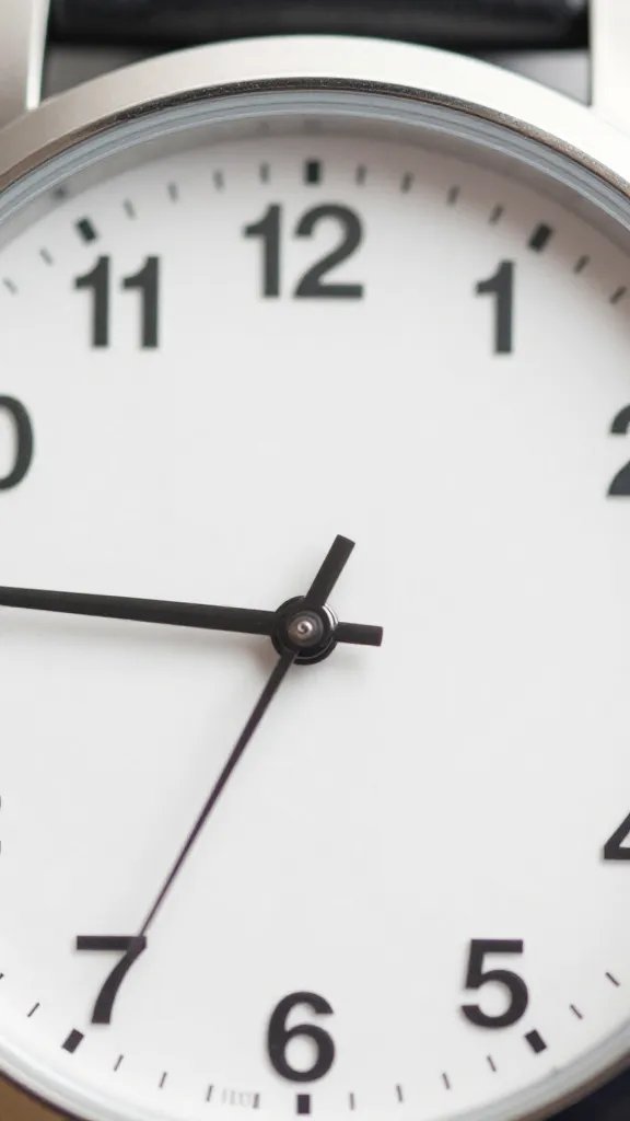 Closeup of a wristwatch showing 5 minutes past hour, plain background