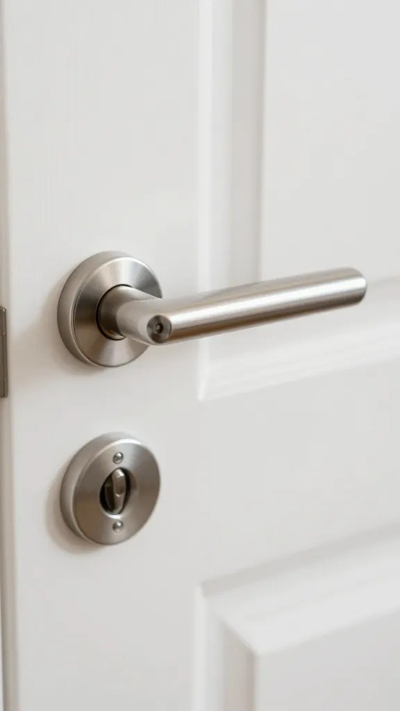 Closeup of a door handle with a slightly ajar door in sharp focus