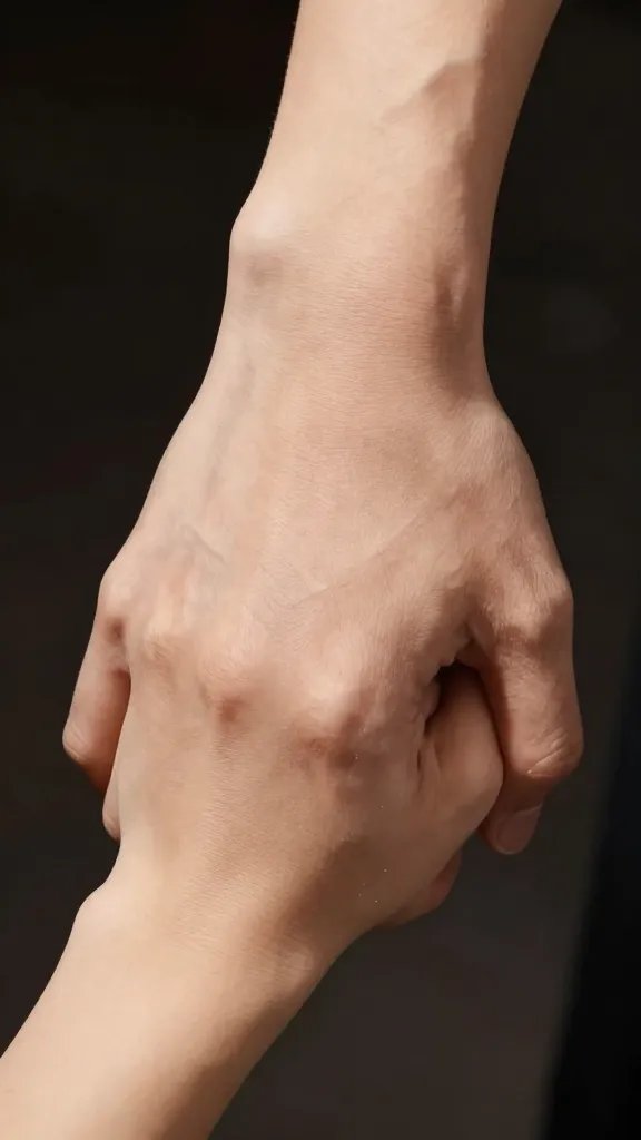 Closeup of two hands intertwined, only wrists and hands visible