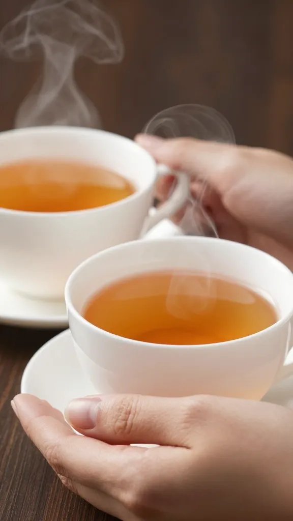 closeup of two cups of tea steaming, with one hand resting nearby in a supportive pose