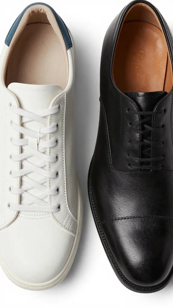 Closeup of two shoes: one casual sneakers, one dress shoe, side-by-side