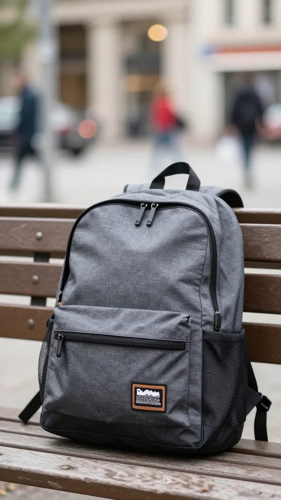 Closeup of a lone backpack on a bench, urban weekend backdrop blurred