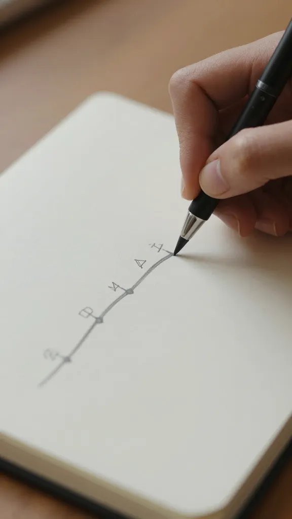 closeup of a person’s hand pencil-sketching a timeline on a notebook