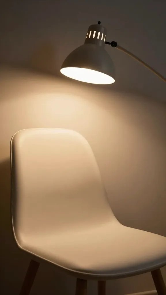 closeup of a single glowing desk lamp illuminating a single empty chair