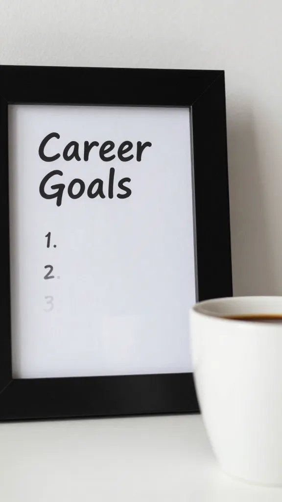 closeup of a solitary coffee cup beside a framed career goals note