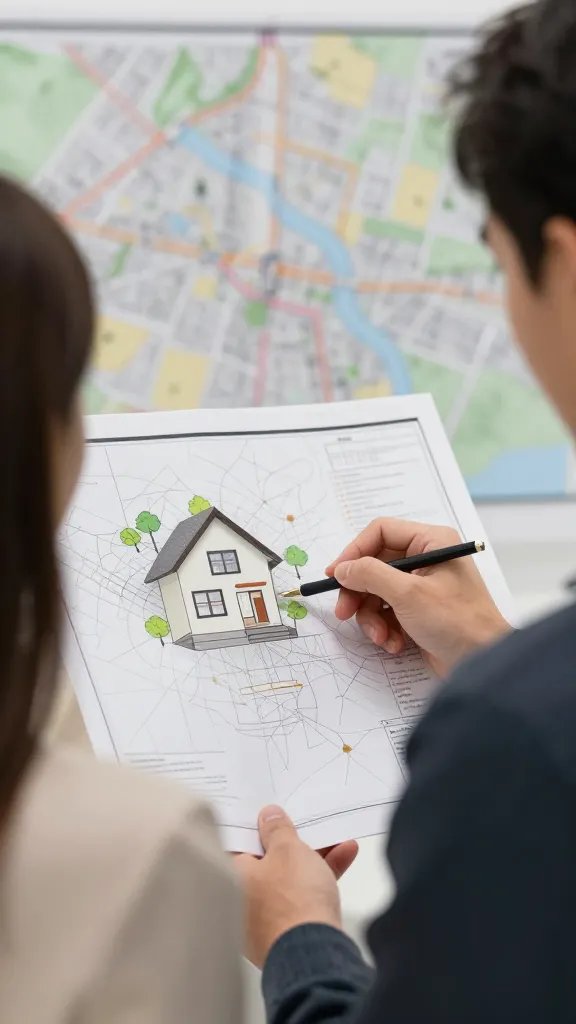 closeup of a couple discussing a real estate plan with a city map background