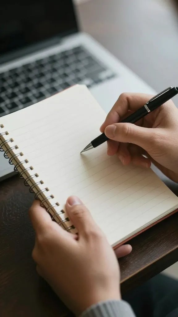 Closeup of a person’s hands holding a notepad and pen, muted office lighting