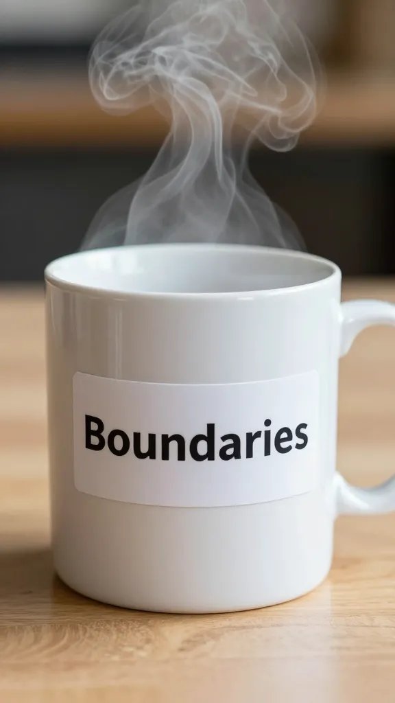 Closeup of a single mug with steam, label reading “Boundaries” on a desk