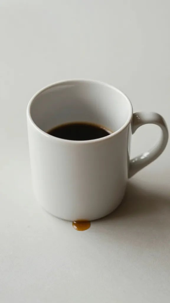 Closeup of a lone coffee mug with a single spilled drop, on plain table