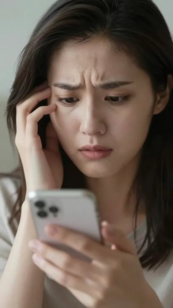 Focused portrait of a single woman, anxious expression, soft grip on phone