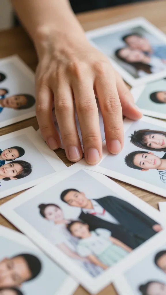 Closeup of a calm adult hand arranging family photos
