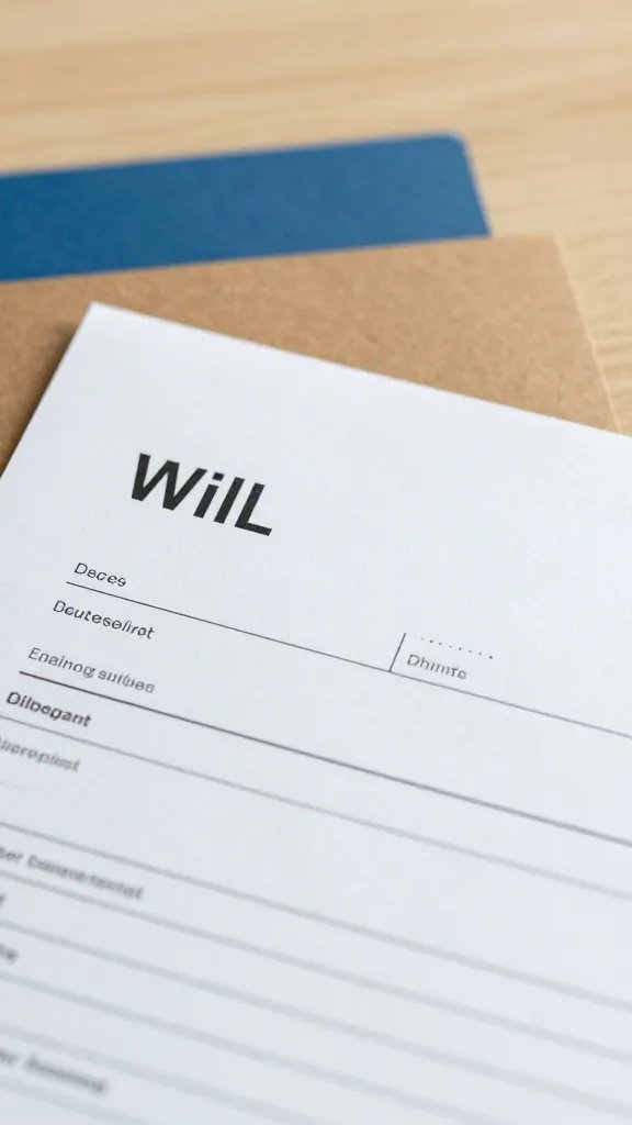 Closeup of a simple will template and document folders on desk