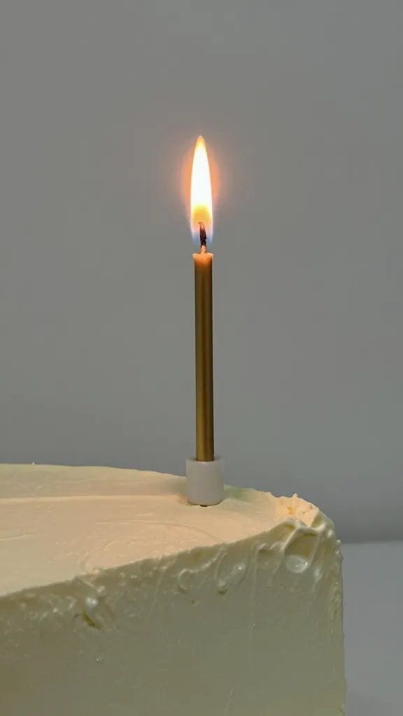 closeup of a single lit candle on a minimal cake edge