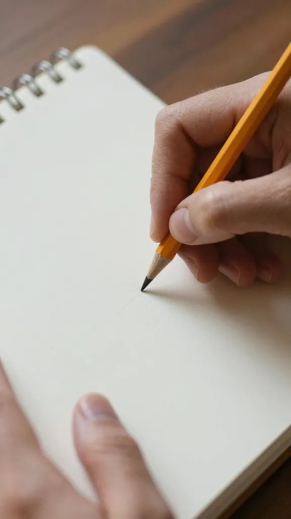 Closeup of a hands-on notebook being sketched with a lone pencil