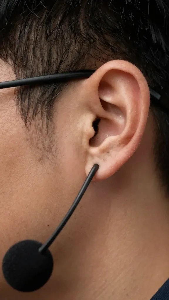 Closeup of a single listening-ear head resting near a microphone