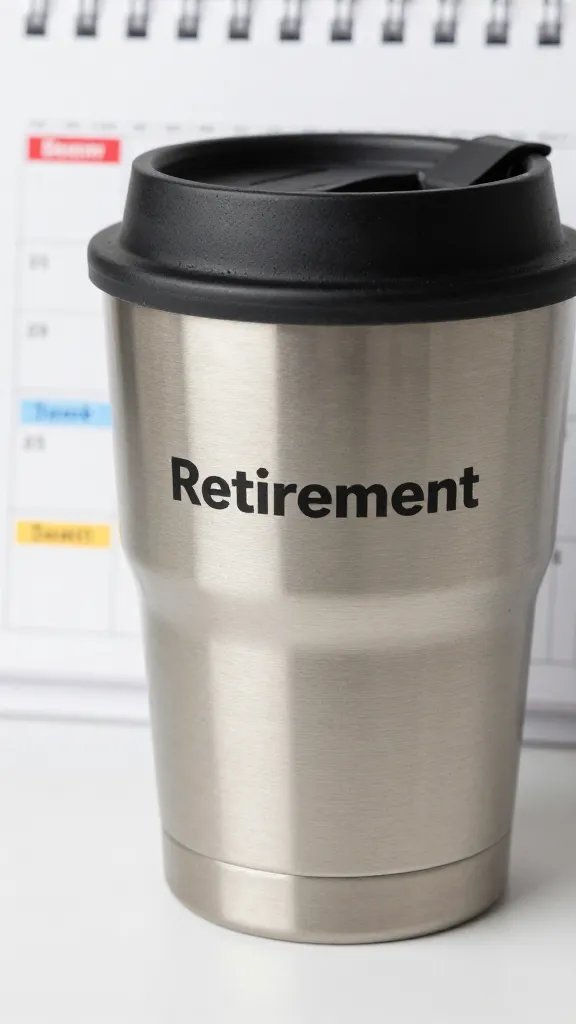 closeup of a single travel mug and calendar page with bold retirement notes