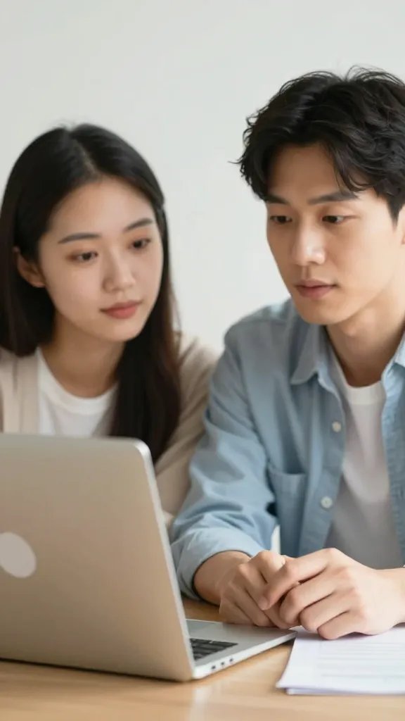 focused portrait of a couple discussing a budget with a laptop, single subject on screen backdrop