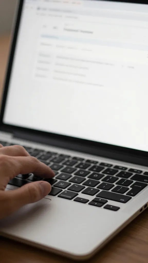 Focused shot of a hand hovering over a laptop keyboard with open password manager app
