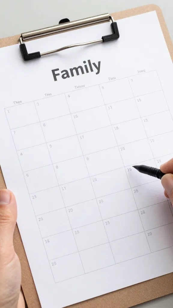 closeup of a hand holding a printed weekly family schedule on a clipboard