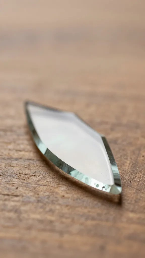 Close-up of a glass shard resting on a wooden surface, symbolizing fragile trust