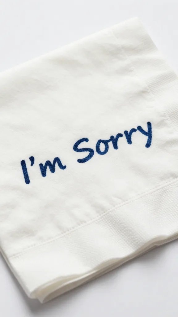 Close-up of a folded white handkerchief with an ink-stamped “I’m Sorry” phrase