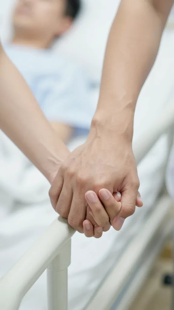 Closeup of a couple’s hands clasped on a hospital bedside rail