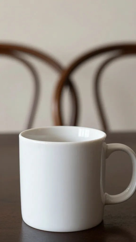 Closeup of a single coffee mug with two intertwined chair backs in background
