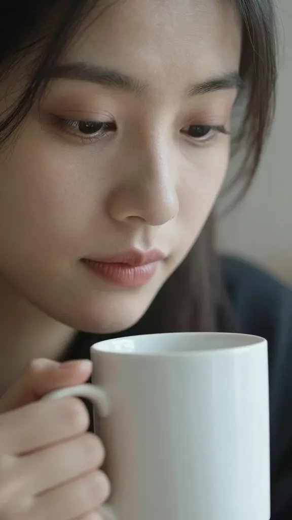 closeup portrait of a person reflecting with a mug, soft morning light