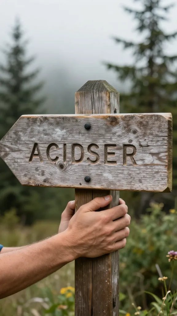 closeup of a solitary hiker's hands on a wooden trail sign
