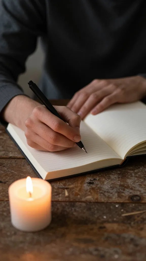 closeup of a quiet individual journaling on a rustic desk, single candle glow