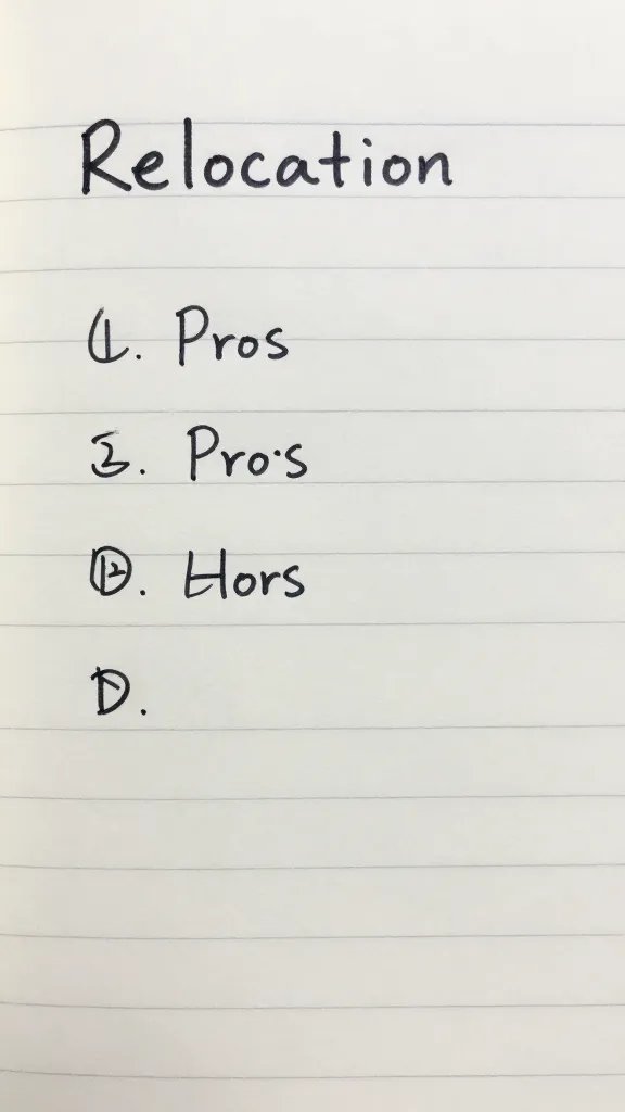 Closeup of a single hand-written relocation pros-and-cons list on a notebook