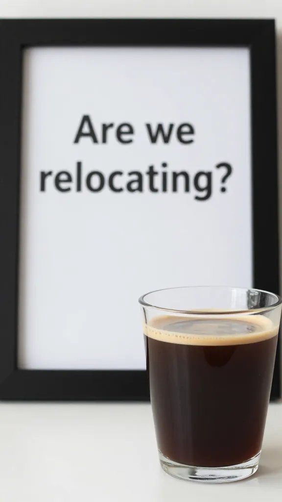 Closeup of a single glass of coffee beside a framed question “Are we relocating?”