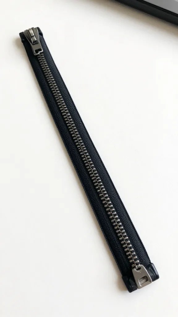 Closeup of a lone suitcase zipper on a clean white desk surface