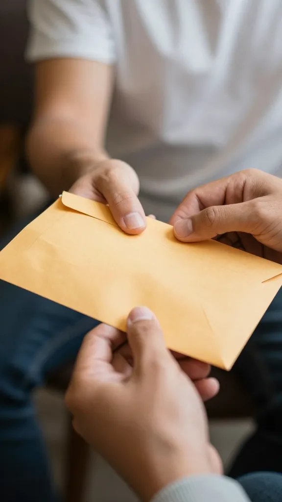 Closeup of a couple’s hands over a donation envelope, peaceful tone