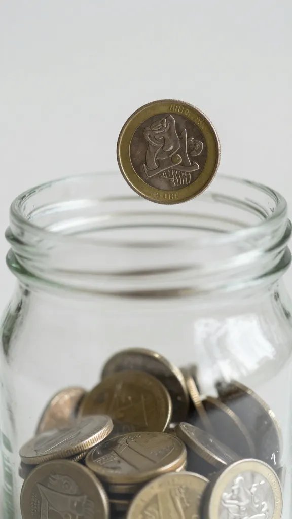 Closeup of a single coin being placed into a donation jar, focused