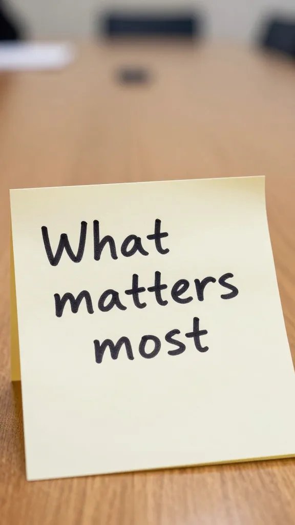 Closeup of a handwritten “What matters most” note on a conference table, single subject