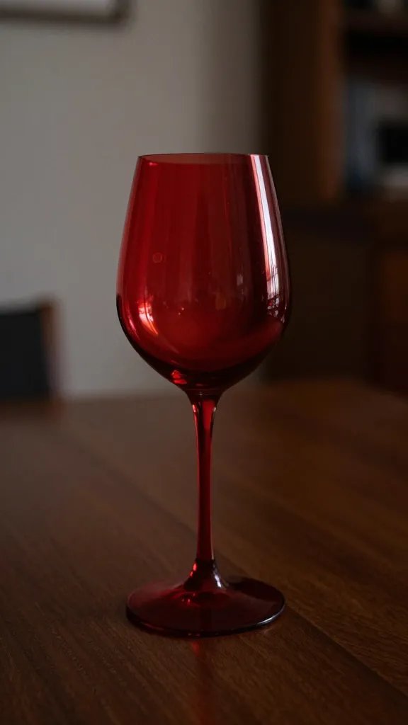 Closeup of a lone red wine glass on a dim dining table at home