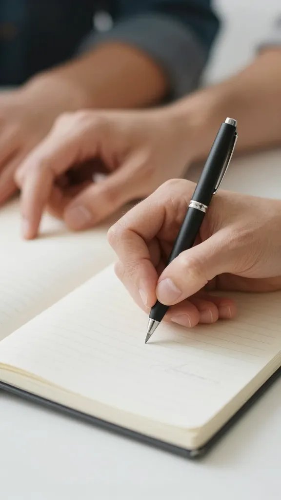 Closeup of a calm couple’s hands drafting a plan on a notebook